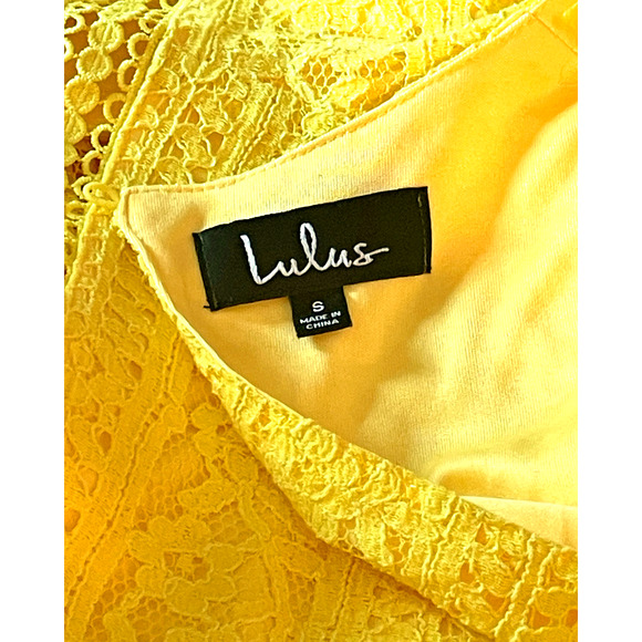 Lulus Sz S Love You Always Sleeveless VNeck Skater Dress Yellow Lace with Ruffle - Picture 10 of 12